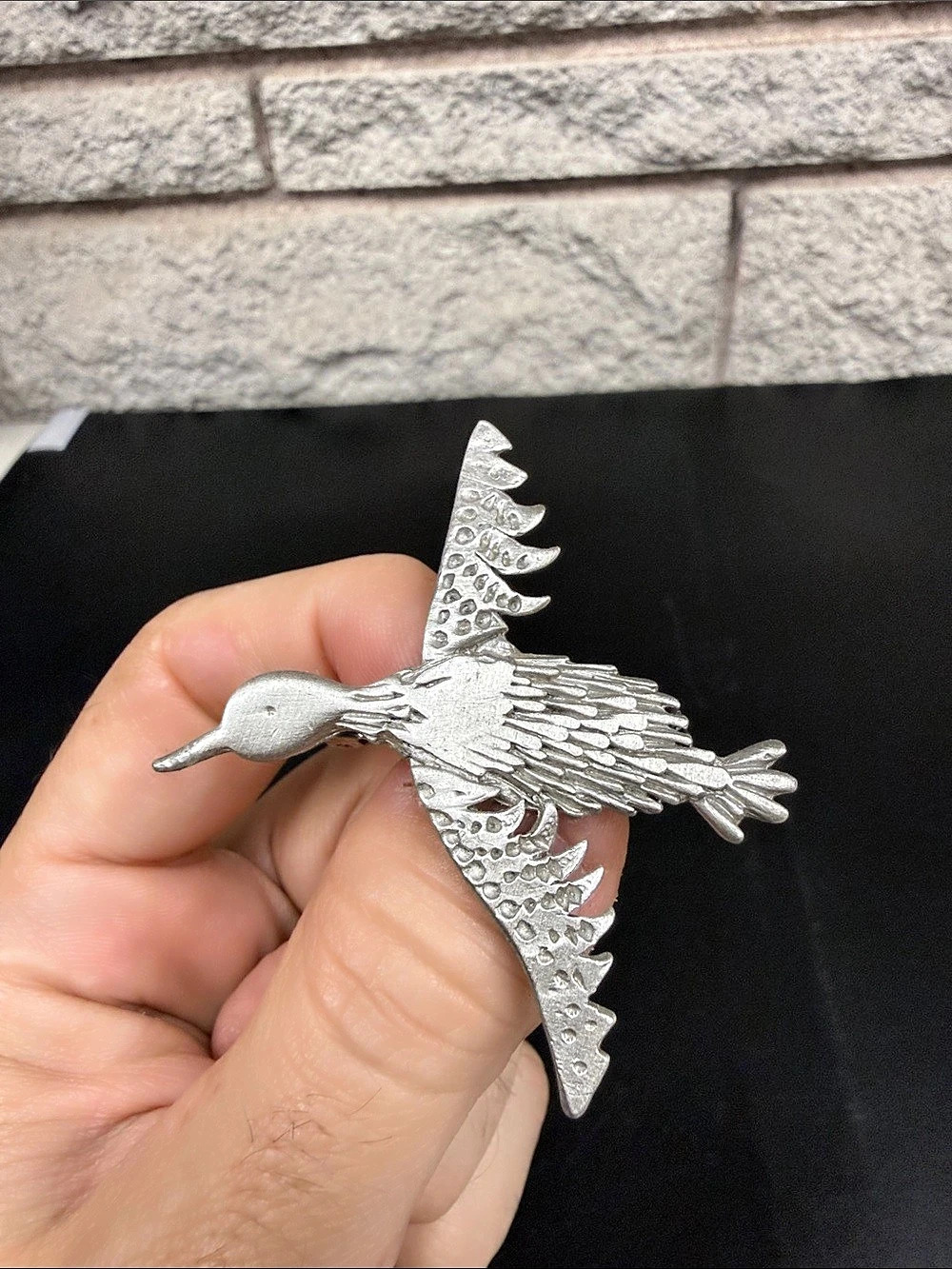 Vintage Flying Bird Brooch Silver Tone Pewter Style Textured Wings Wildlife Pin